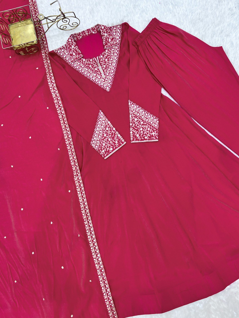 High Premium Quality Pure Roman Shimmer Silk Fully Flare Anarkali with Dupatta and Pant Set