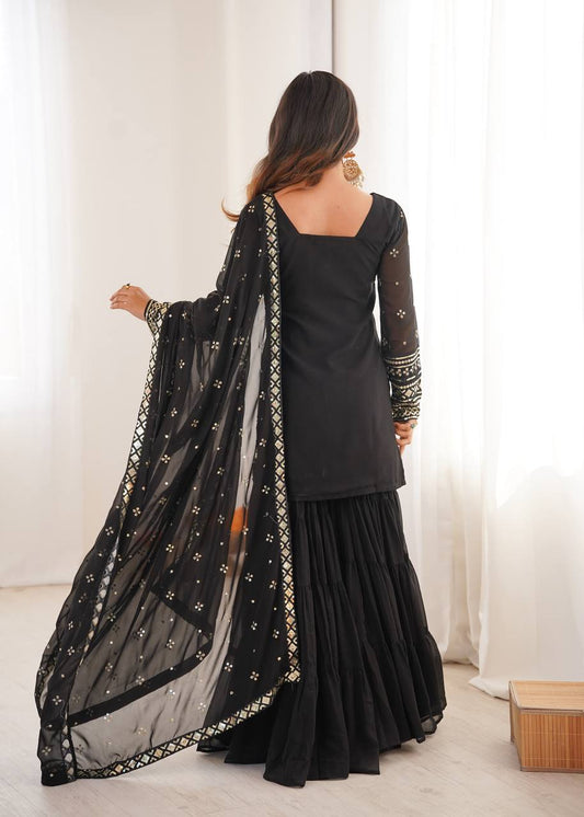 Black Color Heavy Georgette Embroider Work Top Sharara