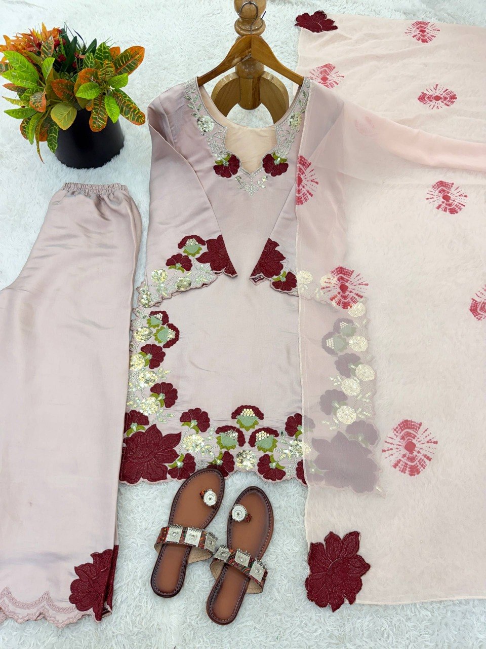 Eid Special Roman Glass Embroidery Sequence and Multi Work Top, Pant and Dupatta