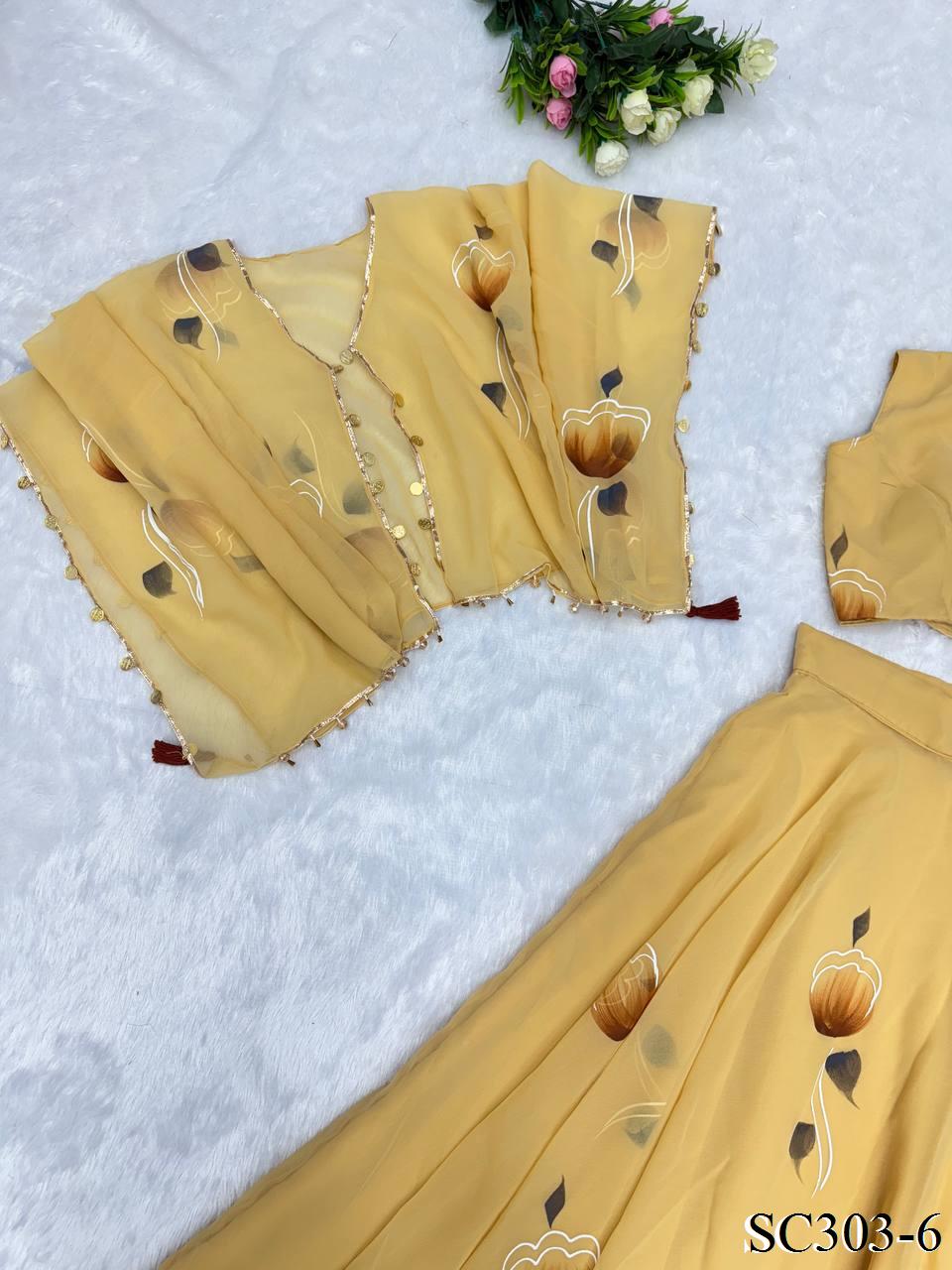 Cream Color Georgette Printed Work Lehenga