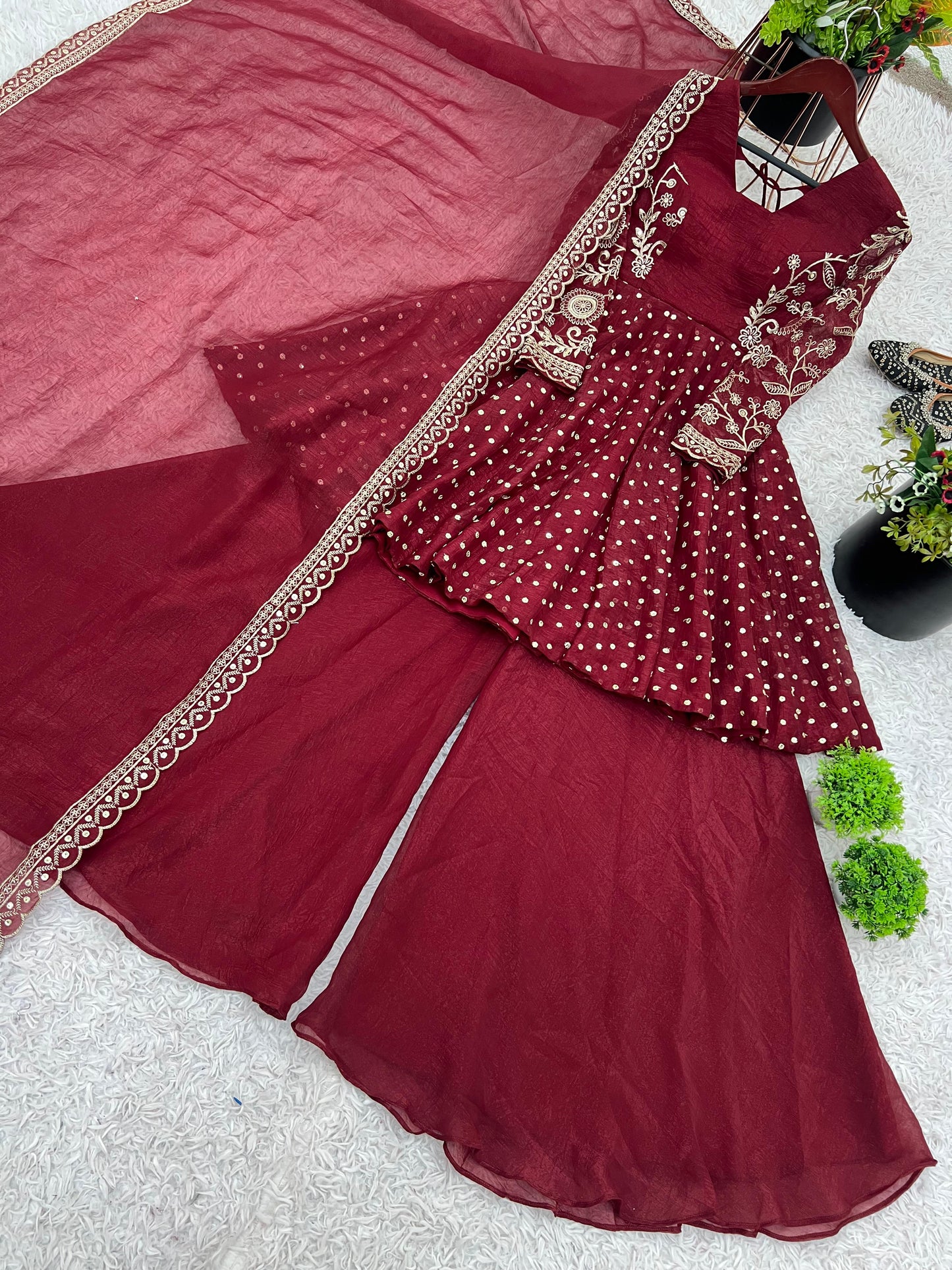 MOST TRENDING CRUNCHY SILK SEQUENCE TOP PLAZZO IN MAROON COLOR
