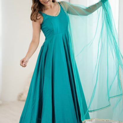 HEAVY PURE ROMAN SILK CHANDERI ANARKALI SET