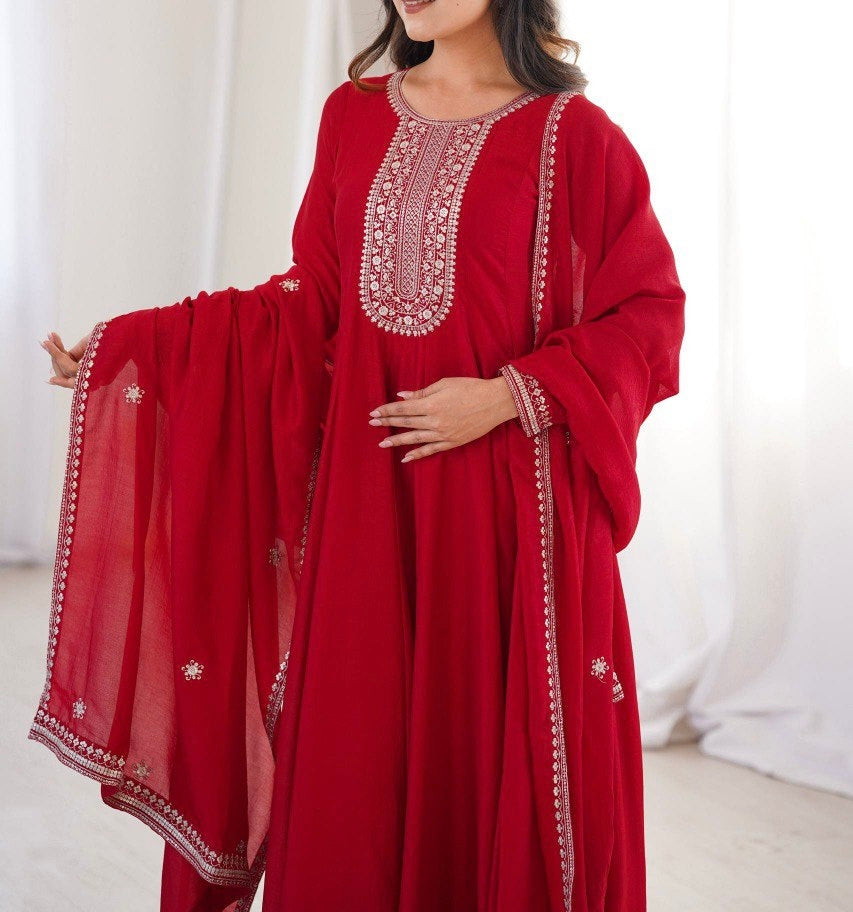 PREMIUM QUALITY PURE VICHITRA SILK FULLY FLARE ANARKAL SET
