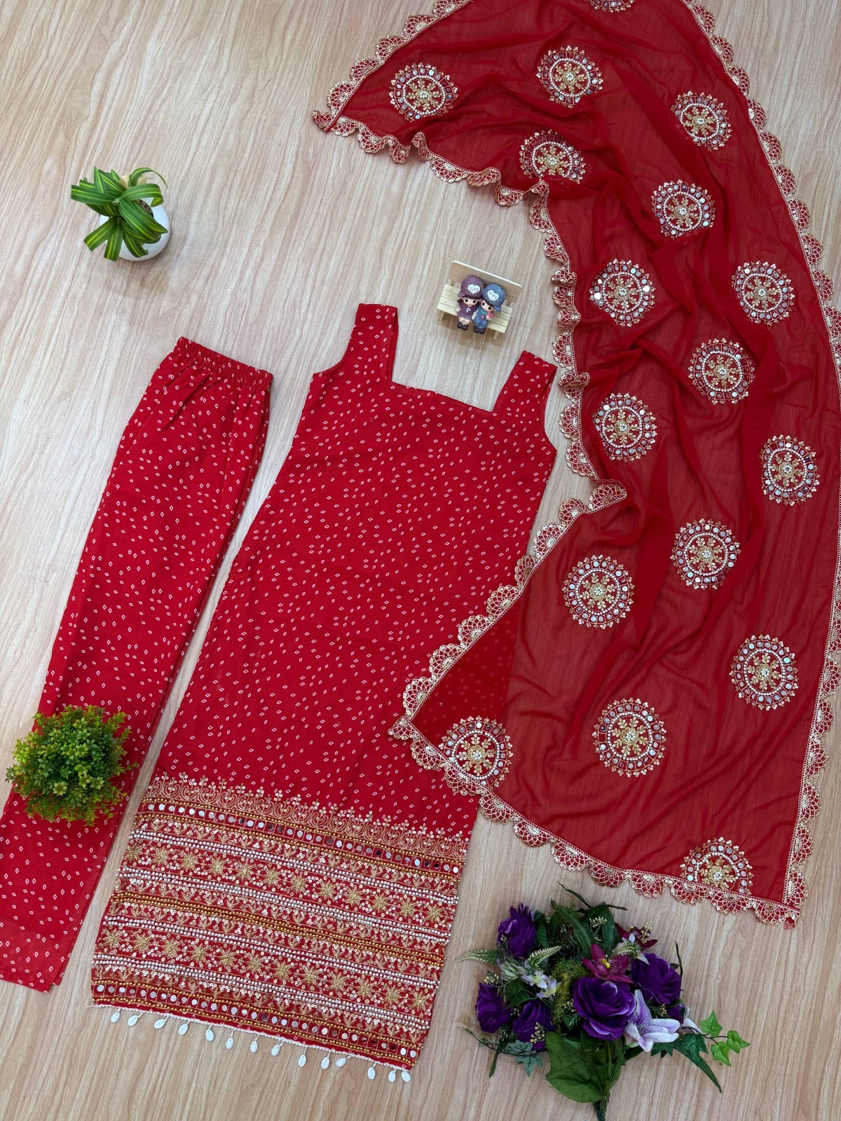 BANDHANI FAUX GEROGETTE KURTS SET