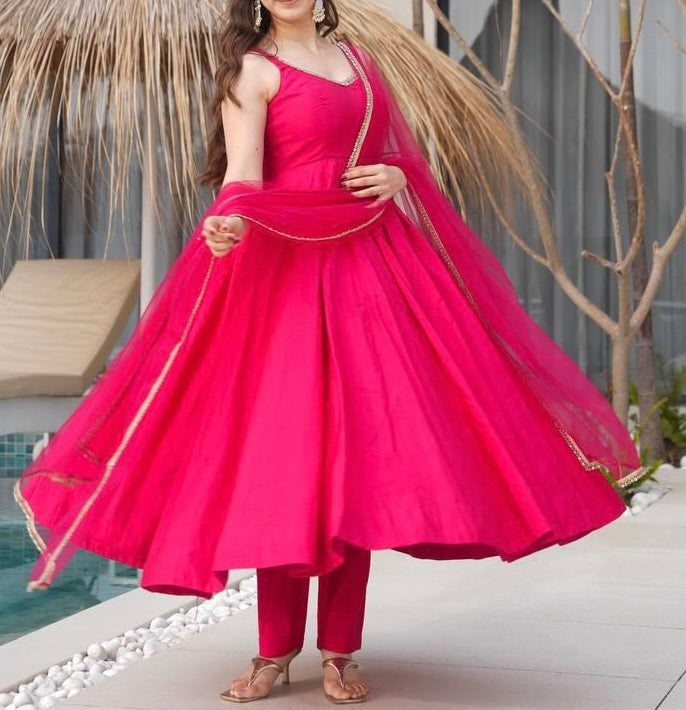 HEAVY PURE ROMAN SILK CHANDERI ANARKALI SET