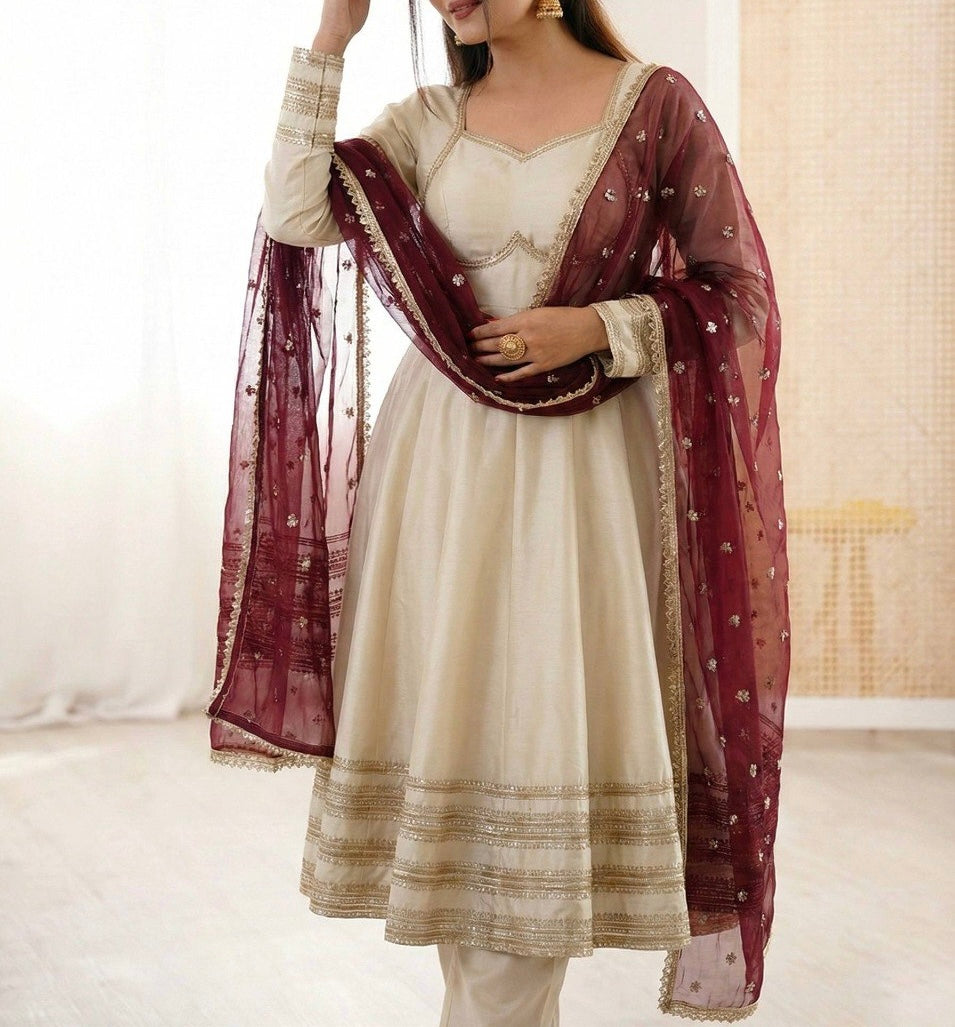 ELEGANT HEAVY LACE WORK DESIGNER ANARKALI THREE-PIECE SET