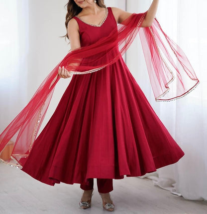 HEAVY PURE ROMAN SILK CHANDERI ANARKALI SET