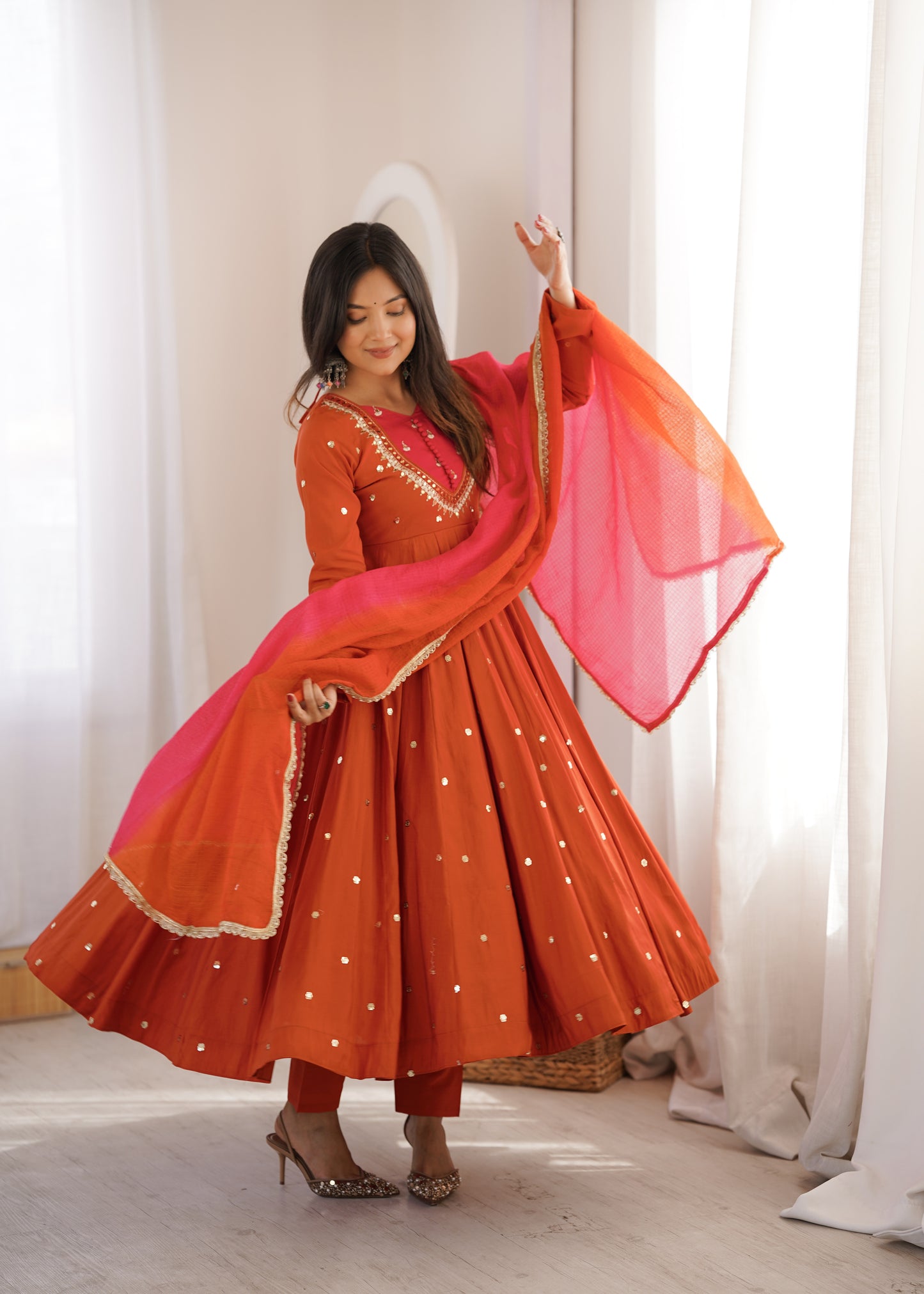Elegant Embroidered Sequence with Real Mirror Designer Anarkali Three Piece Set