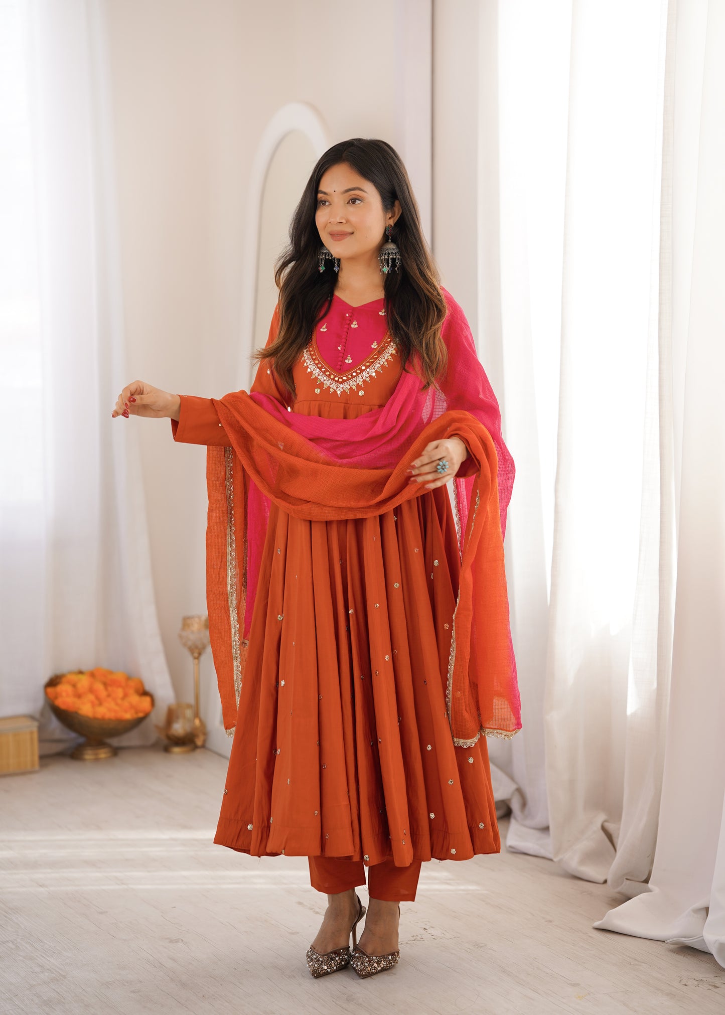 Elegant Embroidered Sequence with Real Mirror Designer Anarkali Three Piece Set