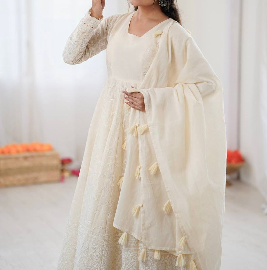 PURE KORA COTTON SCHIFFLI WORK 3-PIECE ANARKALI