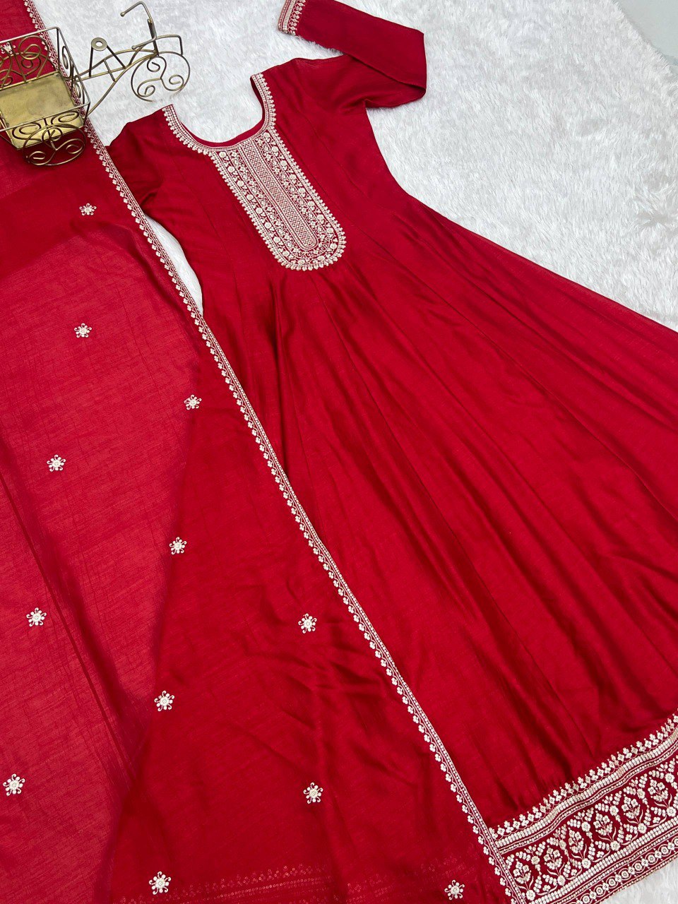 PREMIUM QUALITY PURE VICHITRA SILK FULLY FLARE ANARKAL SET