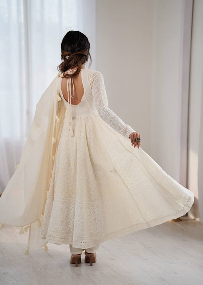 PURE KORA COTTON SCHIFFLI WORK 3-PIECE ANARKALI