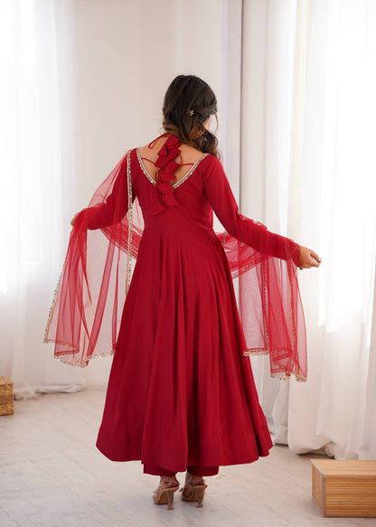 Pure Roman Silk Chanderi Fully Flare Anarkali with Dupatta and Pant Set