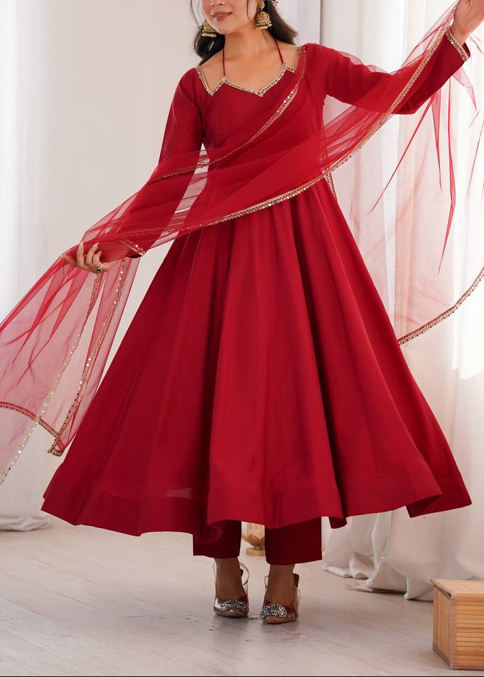 Pure Roman Silk Chanderi Fully Flare Anarkali with Dupatta and Pant Set