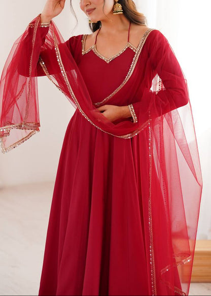 Pure Roman Silk Chanderi Fully Flare Anarkali with Dupatta and Pant Set