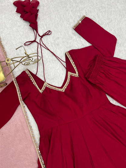 Pure Roman Silk Chanderi Fully Flare Anarkali with Dupatta and Pant Set