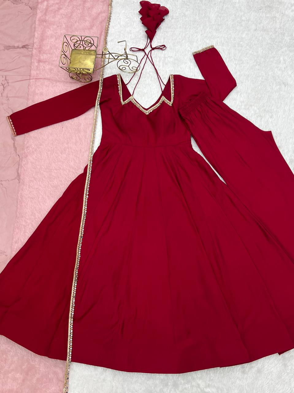 Pure Roman Silk Chanderi Fully Flare Anarkali with Dupatta and Pant Set