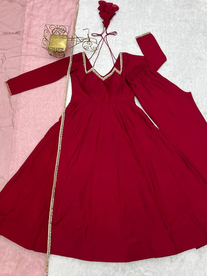 Pure Roman Silk Chanderi Fully Flare Anarkali with Dupatta and Pant Set