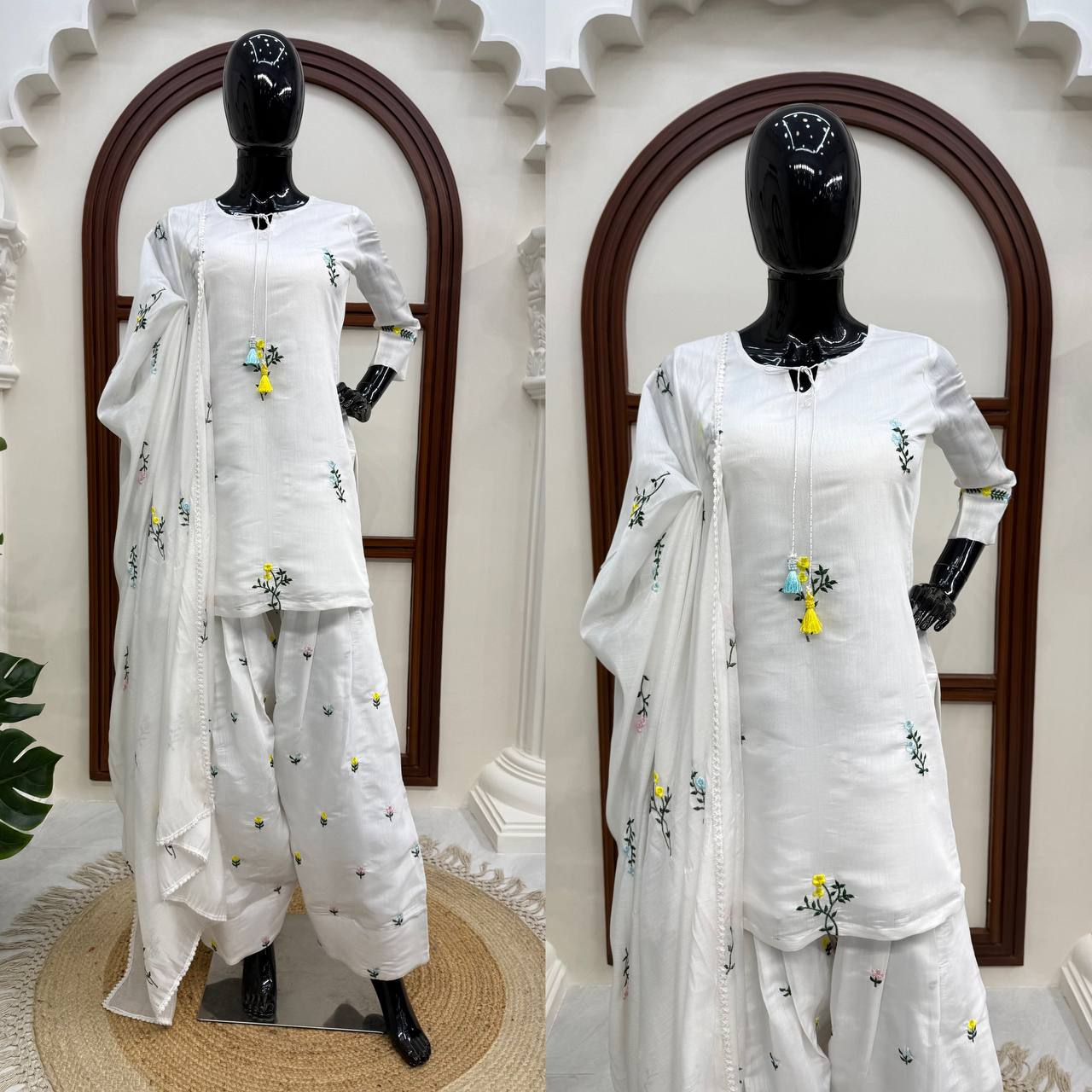 Soft Mull Chanderi Thread Work Top, Farshi Salwar and Dupatta