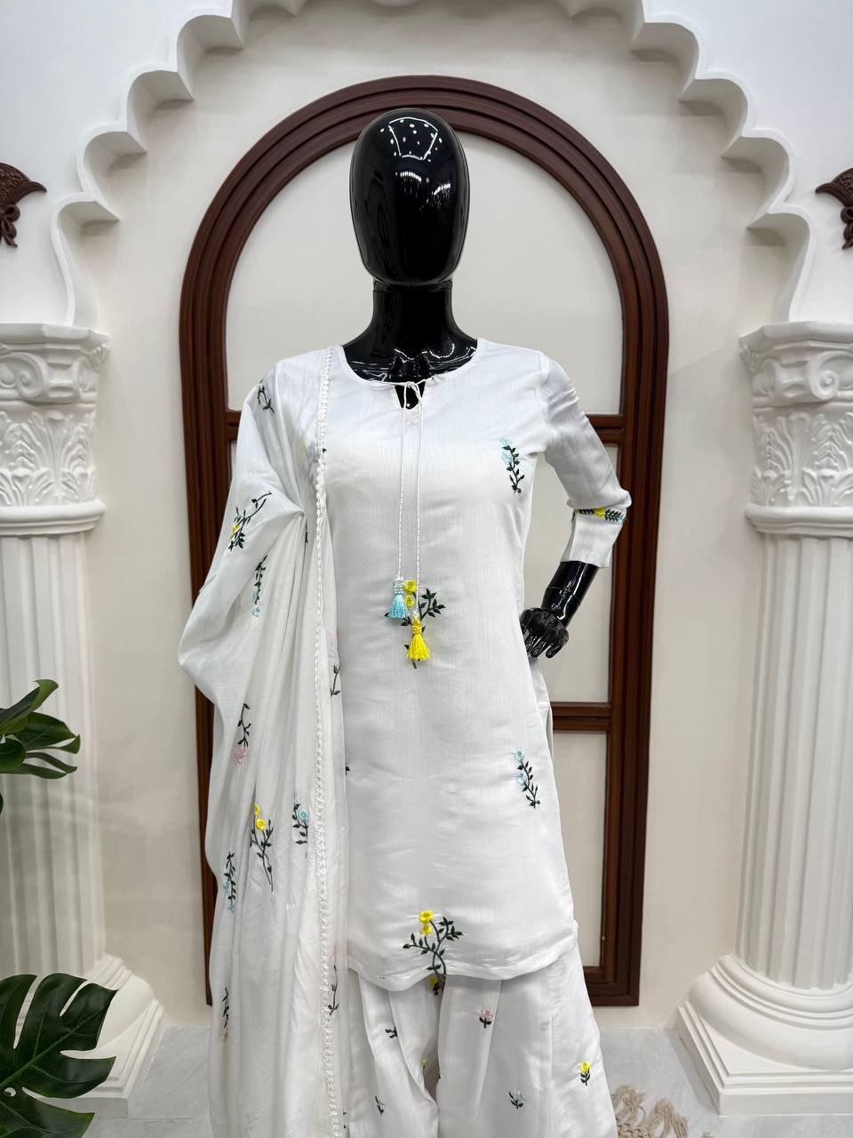 Soft Mull Chanderi Thread Work Top, Farshi Salwar and Dupatta