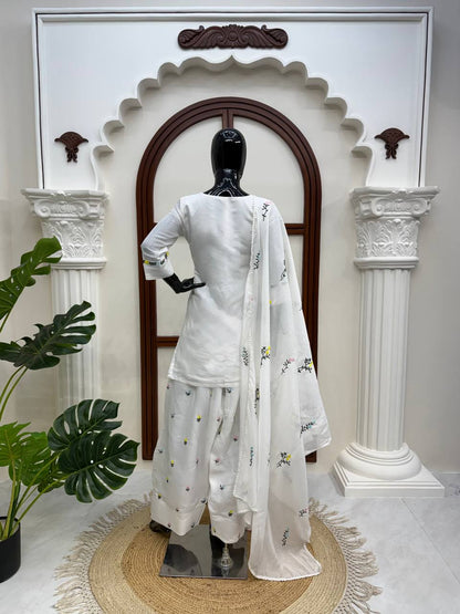 Soft Mull Chanderi Thread Work Top, Farshi Salwar and Dupatta