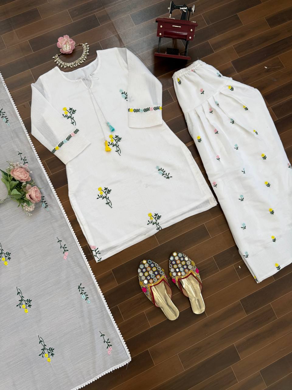 Soft Mull Chanderi Thread Work Top, Farshi Salwar and Dupatta