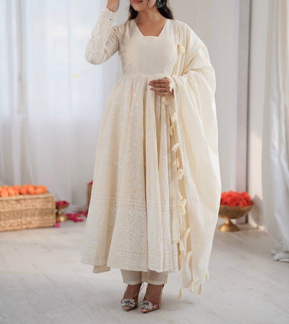 PURE KORA COTTON SCHIFFLI WORK 3-PIECE ANARKALI