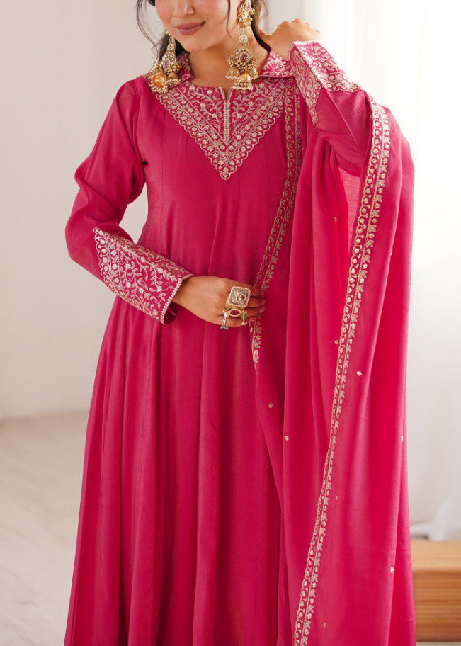 High Premium Quality Pure Roman Shimmer Silk Fully Flare Anarkali with Dupatta and Pant Set
