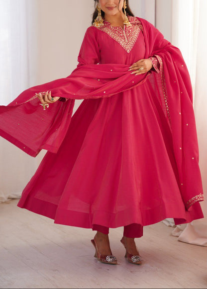 High Premium Quality Pure Roman Shimmer Silk Fully Flare Anarkali with Dupatta and Pant Set