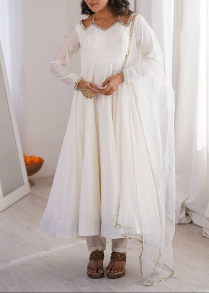 Pure Roman Silk Chanderi Fully Flare Anarkali with Dupatta and Pant Set