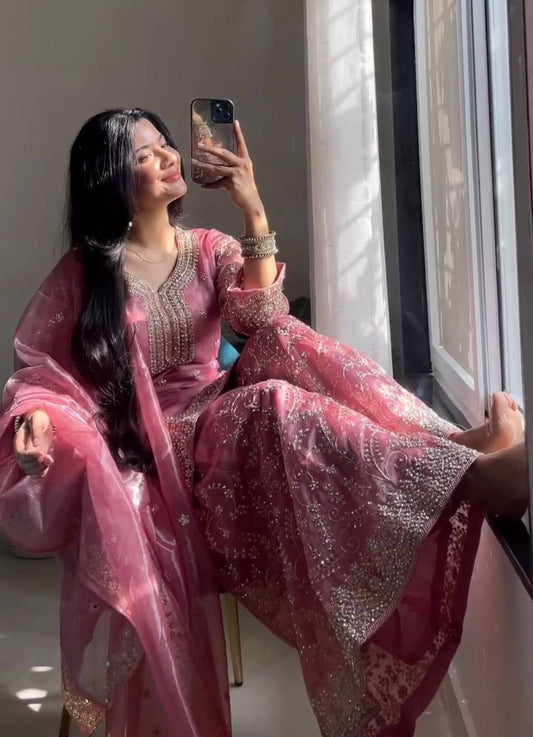 Elegant Pure Jimmy Chu Silk Top-Plazzo Set with Dupatta