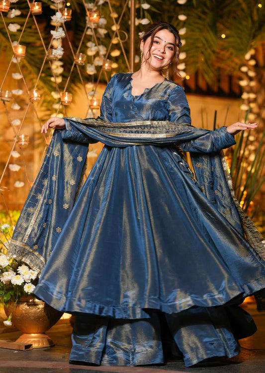 Beautifull French Moss With Crap Inner Embroidery Work Gown