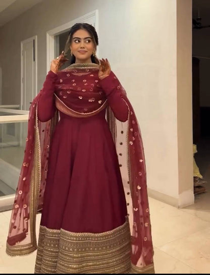 Havy Roman Silk With Embroidery Work Gown