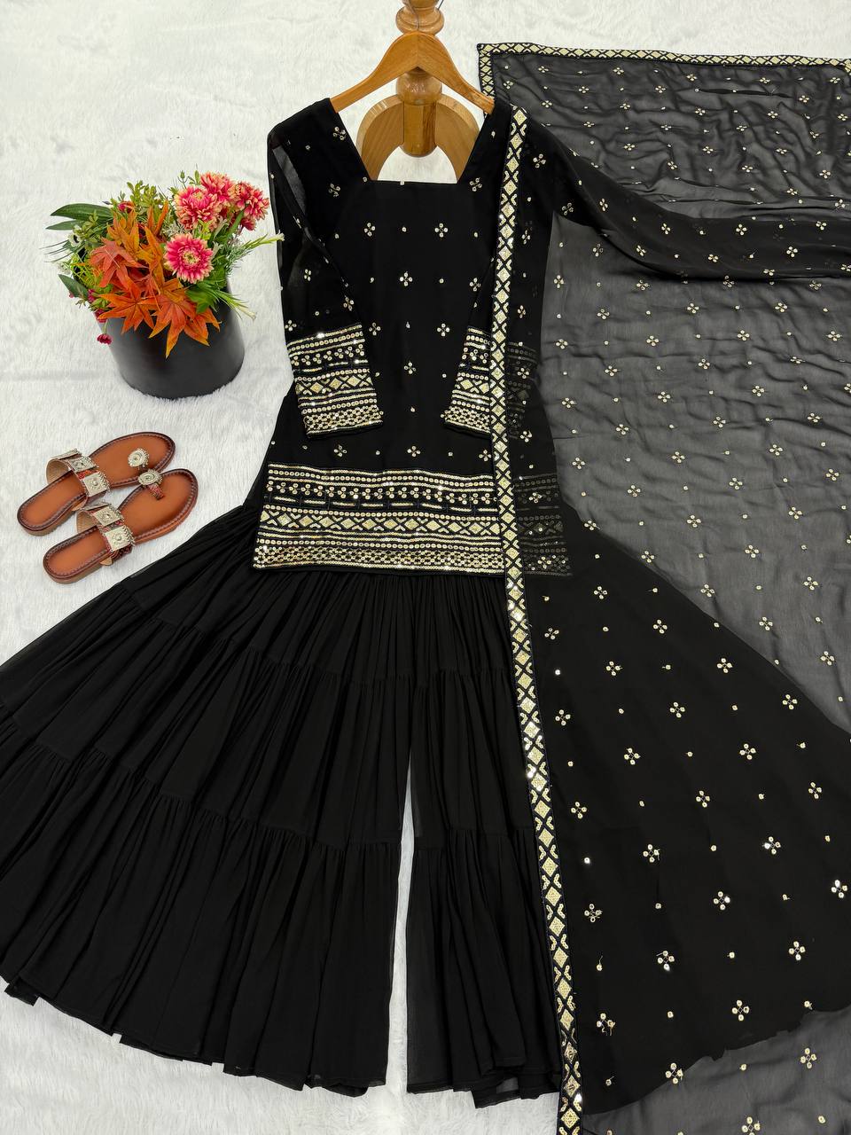 Black Color Heavy Georgette Embroider Work Top Sharara