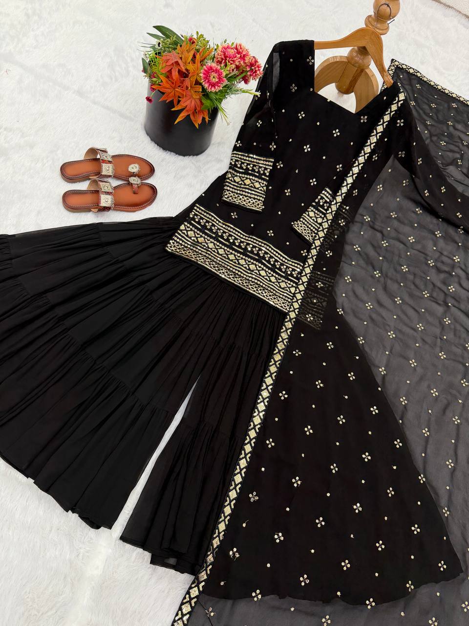 Black Color Heavy Georgette Embroider Work Top Sharara