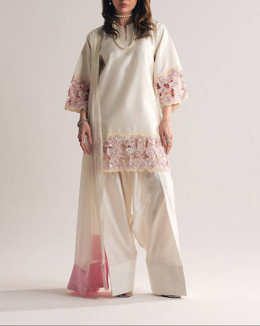 Farshi Style Heavy Natural Crepe Embroidery Sequence Work Top, Farshi Pant with Dupatta