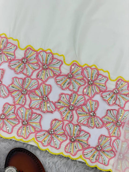 Farshi Style Heavy Natural Crepe Embroidery Sequence Work Top, Farshi Pant with Dupatta