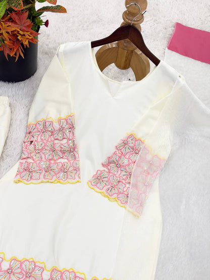 Farshi Style Heavy Natural Crepe Embroidery Sequence Work Top, Farshi Pant with Dupatta