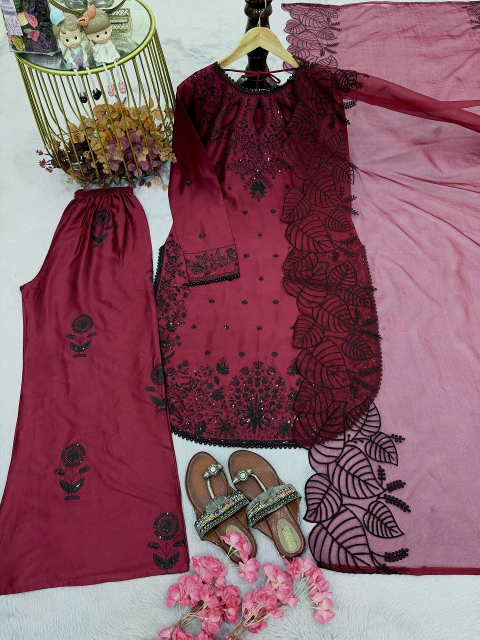 Designer Party Wear Look Pure Satin Rayon Top and Palazzo with Dupatta Set