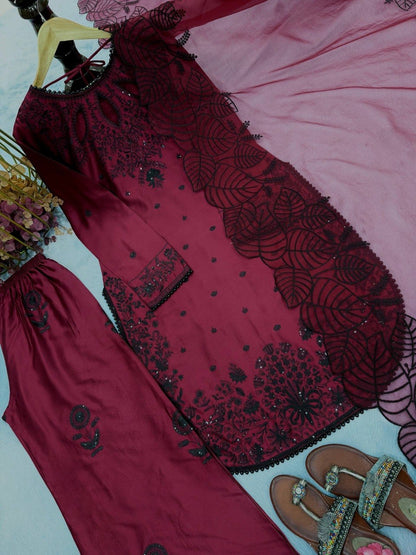 Designer Party Wear Look Pure Satin Rayon Top and Palazzo with Dupatta Set