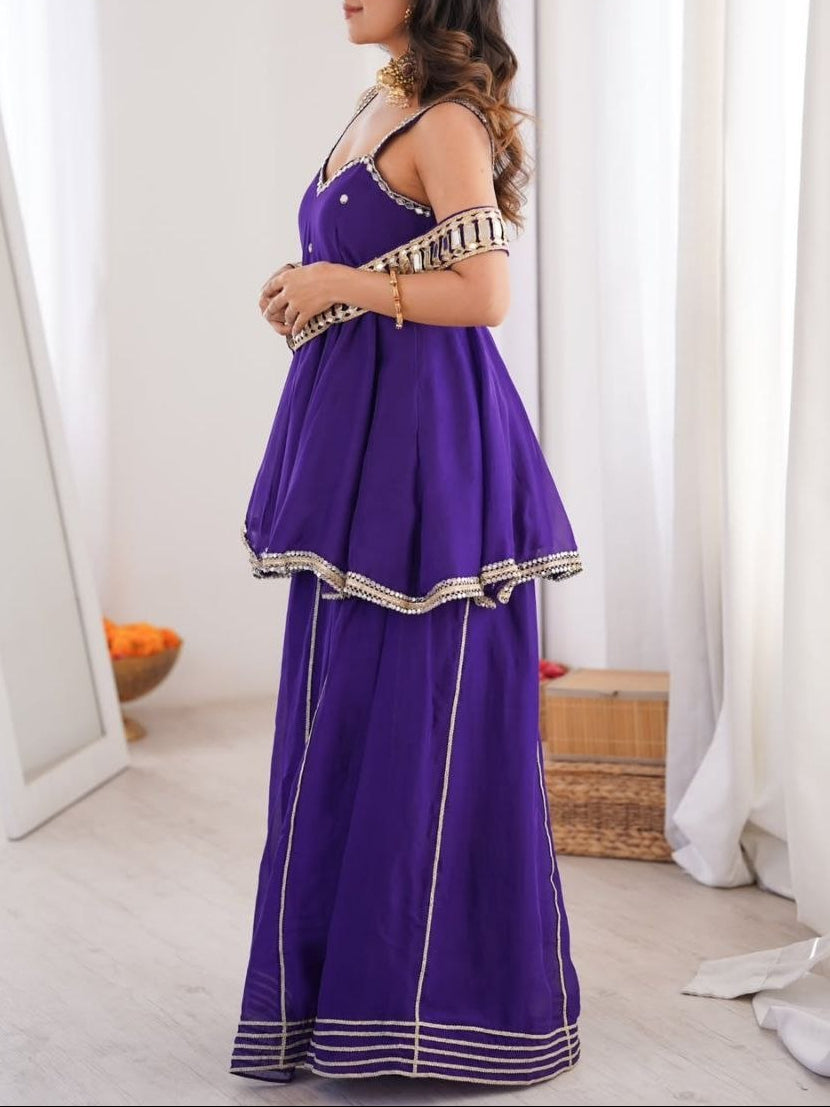 Party Wear Soft Chinon Crepe Lining and Hand Stitch Original Mirror Work Top, Plazzo with Belt