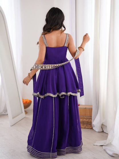 Party Wear Soft Chinon Crepe Lining and Hand Stitch Original Mirror Work Top, Plazzo with Belt