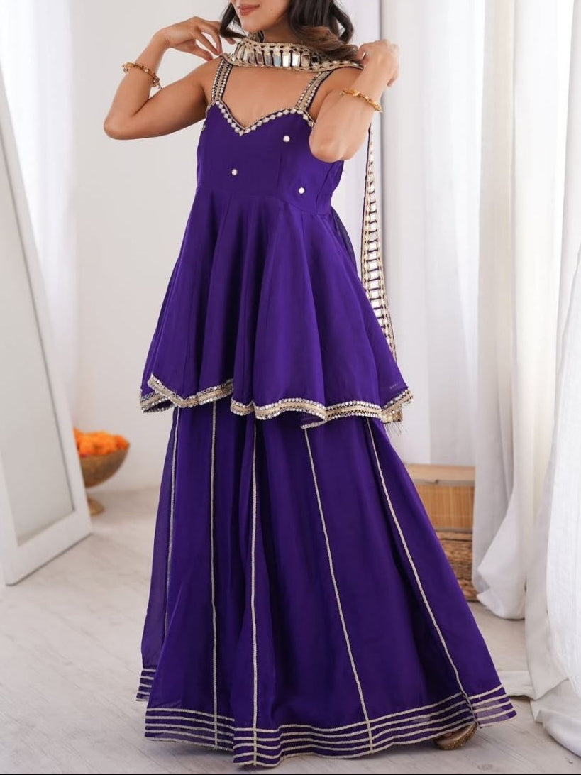 Party Wear Soft Chinon Crepe Lining and Hand Stitch Original Mirror Work Top, Plazzo with Belt