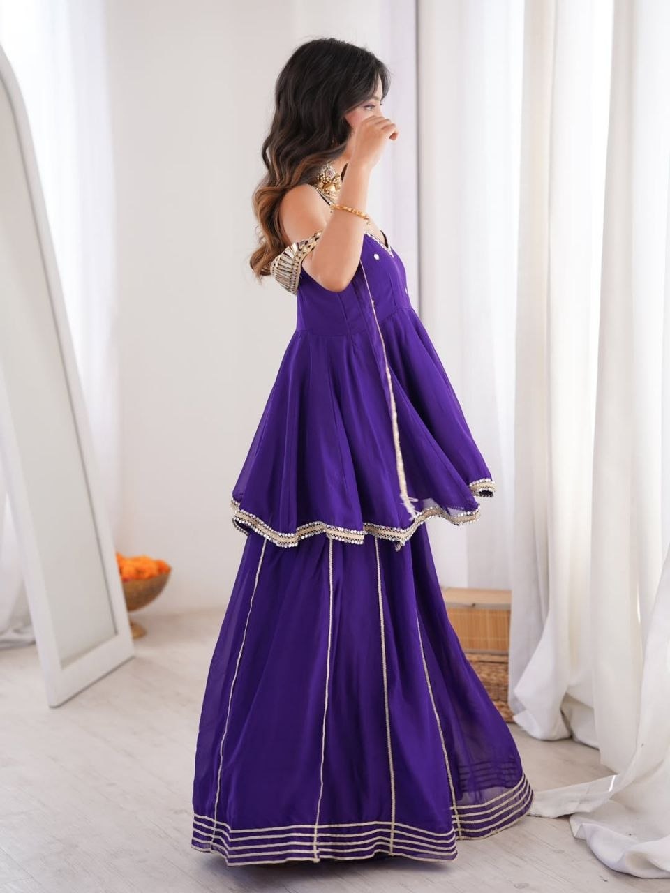 Party Wear Soft Chinon Crepe Lining and Hand Stitch Original Mirror Work Top, Plazzo with Belt