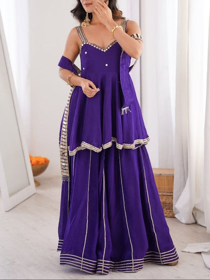 Party Wear Soft Chinon Crepe Lining and Hand Stitch Original Mirror Work Top, Plazzo with Belt