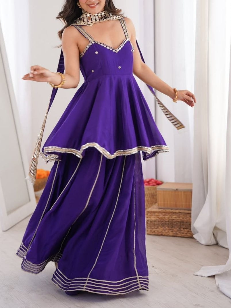 Party Wear Soft Chinon Crepe Lining and Hand Stitch Original Mirror Work Top, Plazzo with Belt