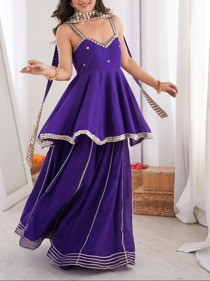Party Wear Soft Chinon Crepe Lining and Hand Stitch Original Mirror Work Top, Plazzo with Belt