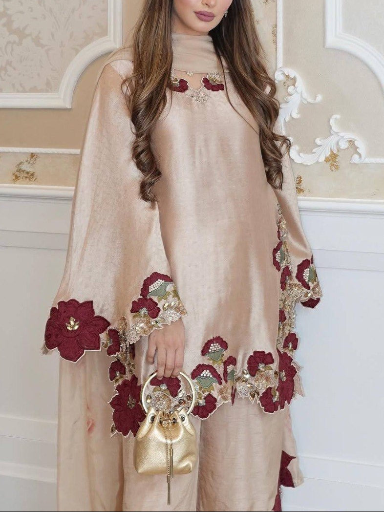 Eid Special Roman Glass Embroidery Sequence and Multi Work Top, Pant and Dupatta