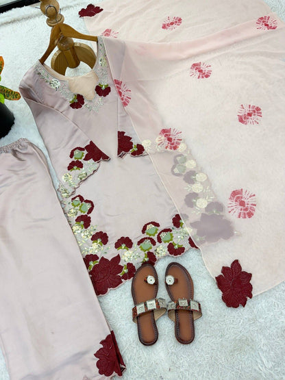 Eid Special Roman Glass Embroidery Sequence and Multi Work Top, Pant and Dupatta