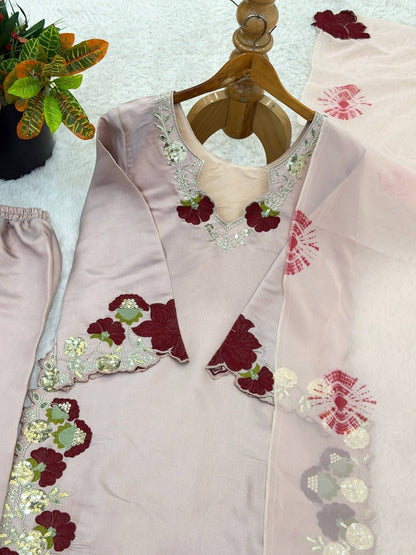 Eid Special Roman Glass Embroidery Sequence and Multi Work Top, Pant and Dupatta
